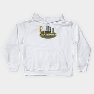 Field of chickens in front of a barn and silo Kids Hoodie